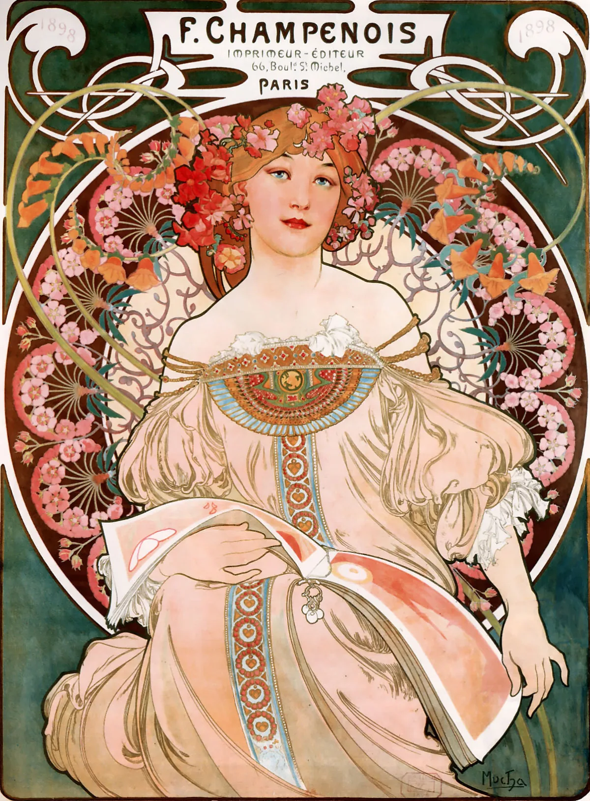 Mucha's affiche voor drukkerij F. Champenois uit 1898: een vrouw met bloemen in het haar in een cirkel van slingerende lijnen