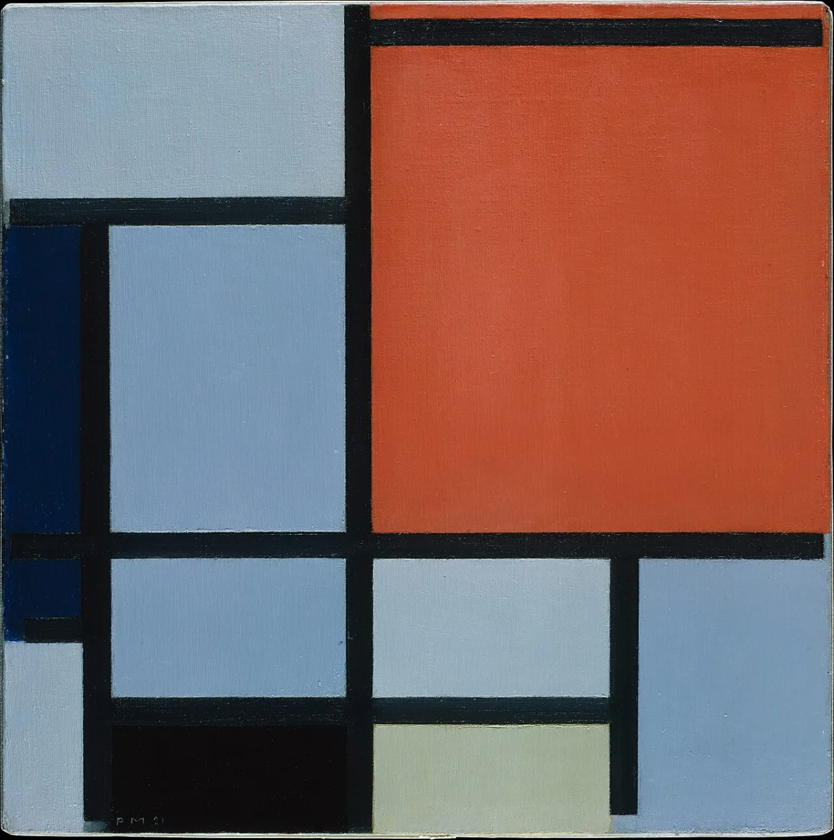 Mondriaans Compositie uit 1921: rode, blauwe, gele en grijze vlakken tussen zwarte balken van ongelijke dikte