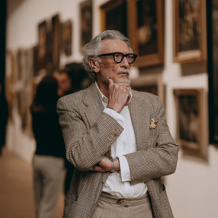 Edwin Brand in een museumzaal, met de hand aan de kin voor een wand met schilderijen in gouden lijsten