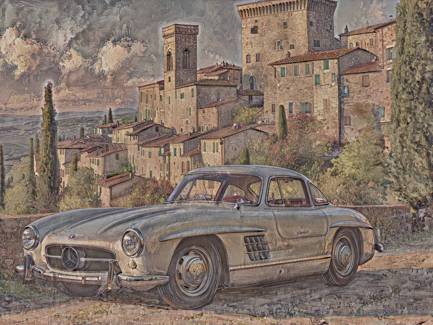 Een Mercedes 300 SL Gullwing voor een Toscaans heuveldorp, geschilderd in de Heritage Fresco-stijl met een verweerd, matte oppervlak