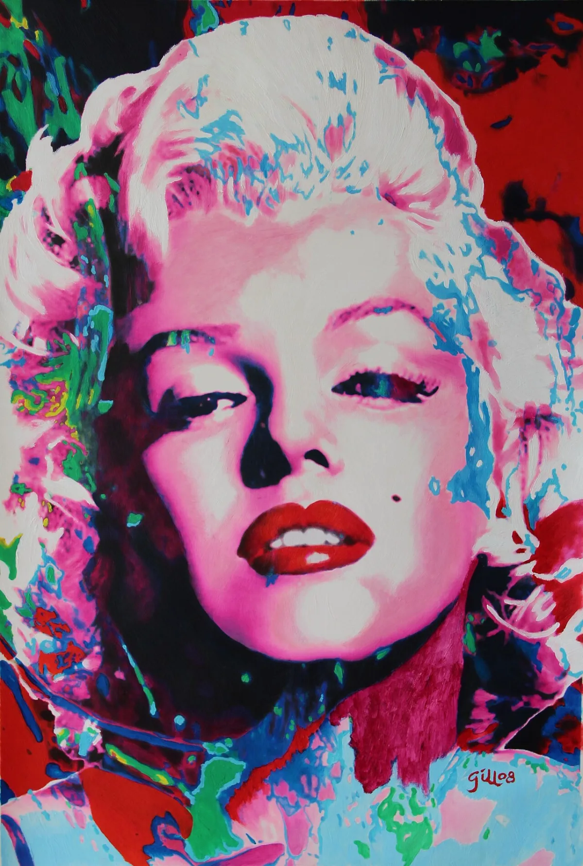 Een popartportret van Marilyn Monroe in fel roze, blauw, groen en rood, met harde vlakken in plaats van huidtinten