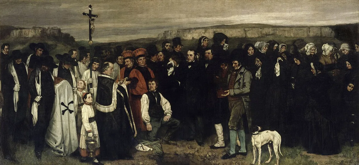Courbets Begrafenis te Ornans: een lange rij dorpelingen in zwarte kleding rond een open graf, met een kruis en een hond