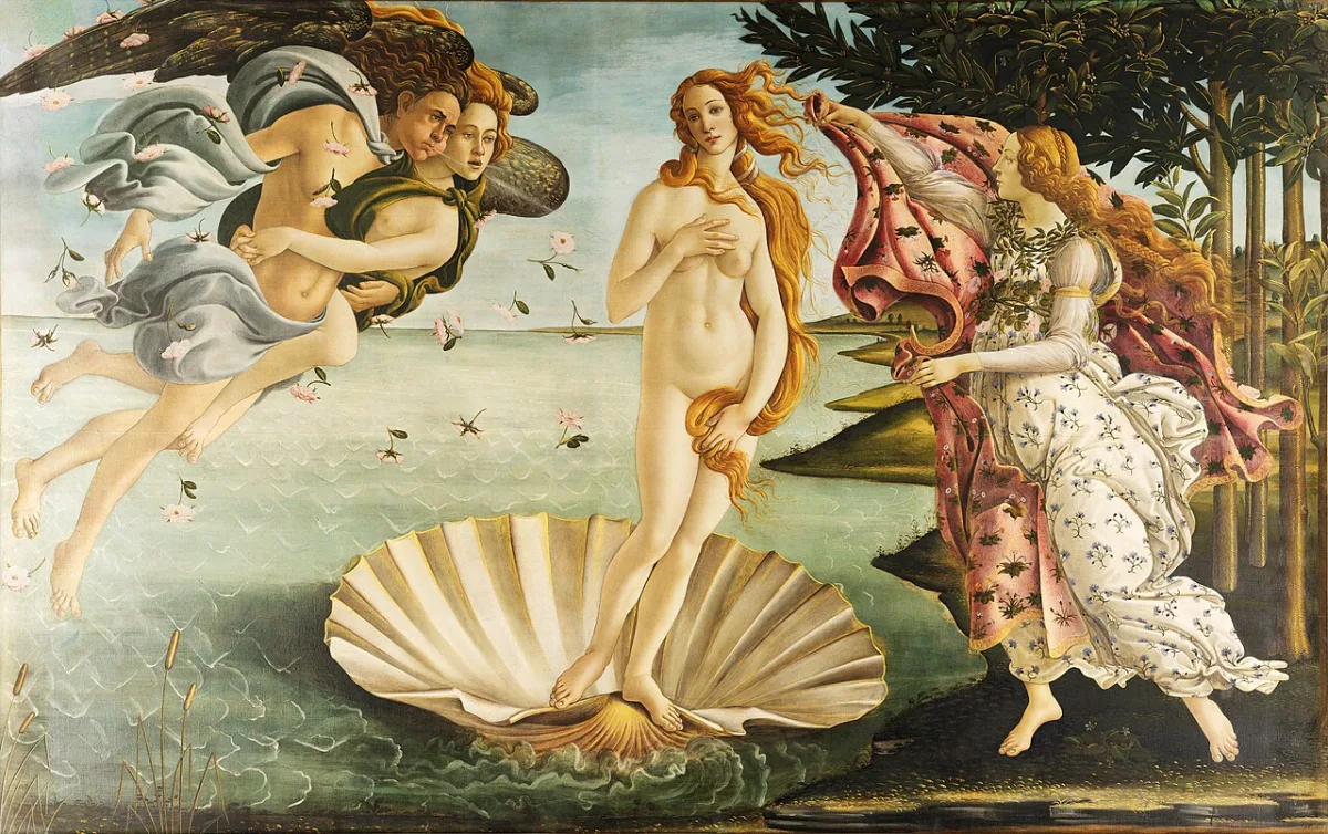 Botticelli's Geboorte van Venus: Venus staat op een schelp, links twee blazende windgoden, rechts een vrouw met een bloemenmantel
