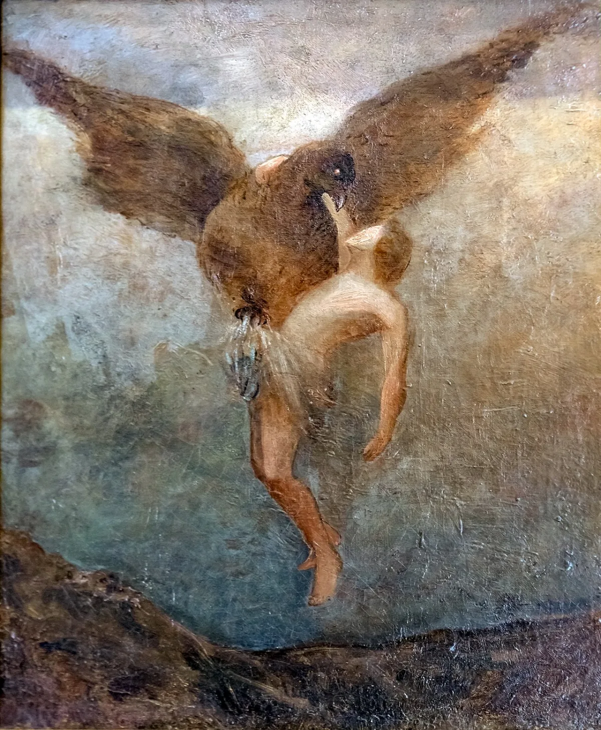 Een symbolistisch schilderij: een adelaar met wijd uitgeslagen vleugels draagt een naakte figuur door een wazige lucht